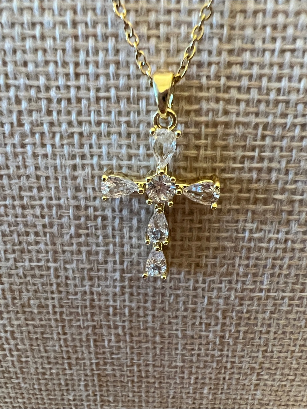 Gold Cross Pendant Necklace with Clear Crystal Accents. Stainless steel